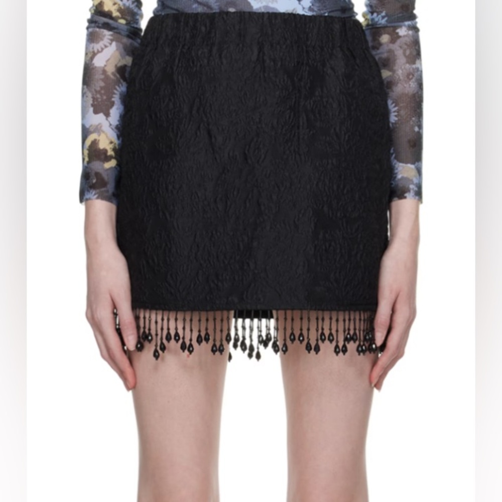 GANNI Black Beaded Fringe Jacquard Miniskirt Size Euro 36